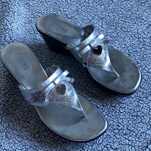 Guess Metallic Silver Sequin Wedge Sandals with Heart Charm